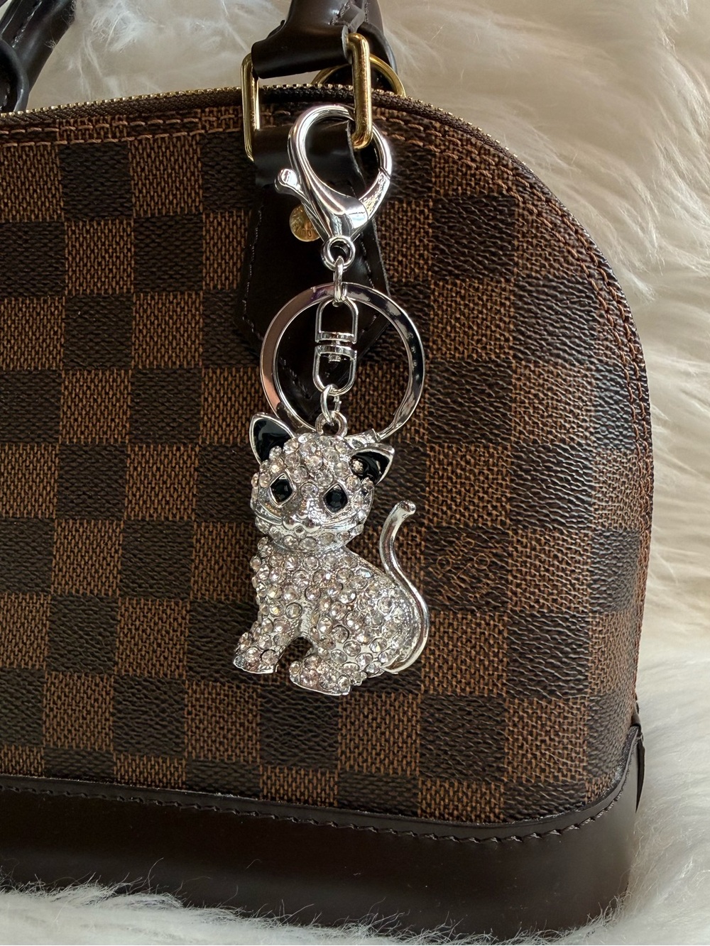Cat Bag Charm Keychain KeyRing Car Charm Rhinestone Silver Birthday Holiday Gift